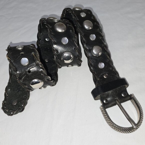 VTG Nanni Studded Black Leather Belt With Intricate Silver Buckle & Mesh Chains - Picture 9 of 11